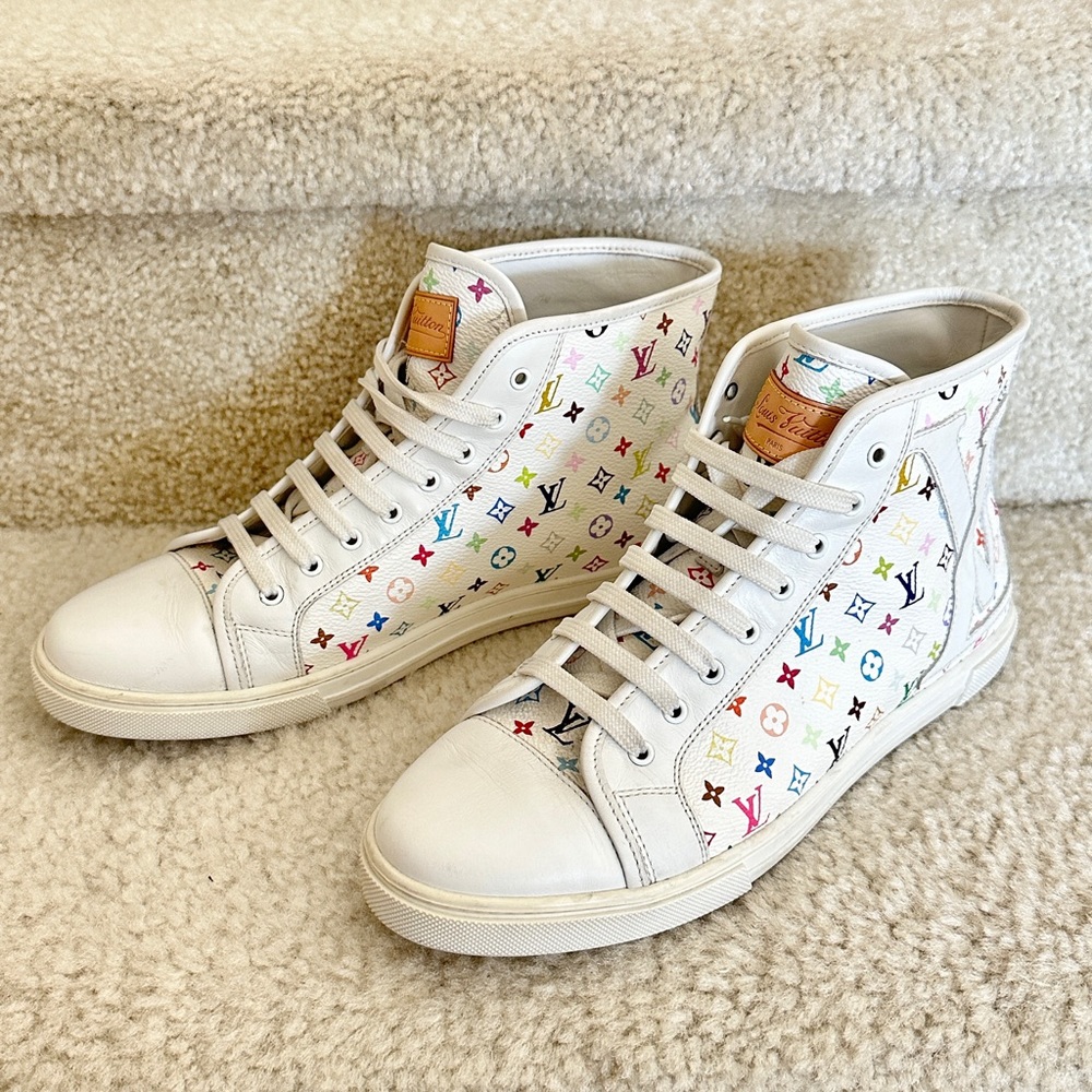 Louis Vuitton White Multicolor Monogram High Top Canvas Sneaker Size EU 36.5
